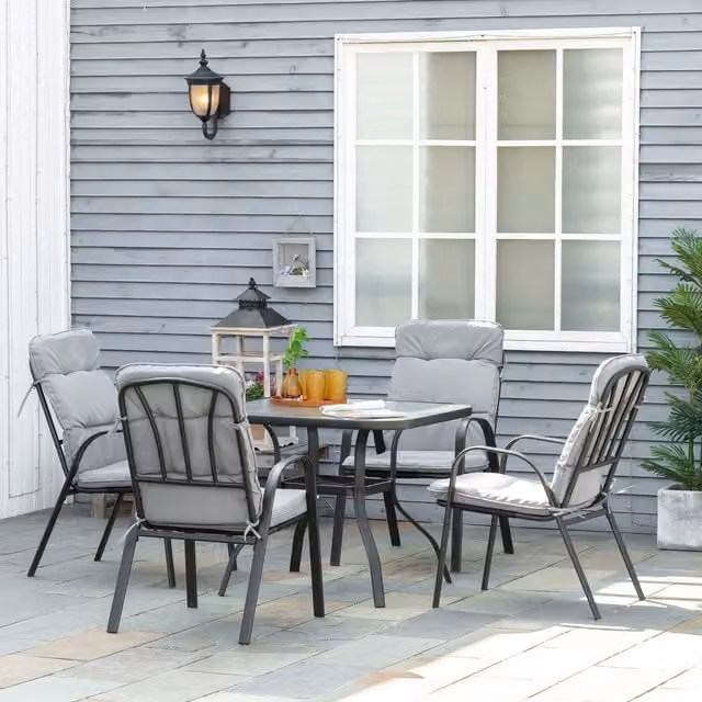 Outsunny Modern Grey Glass and Metal Garden Dining Set with Umbrella Hole