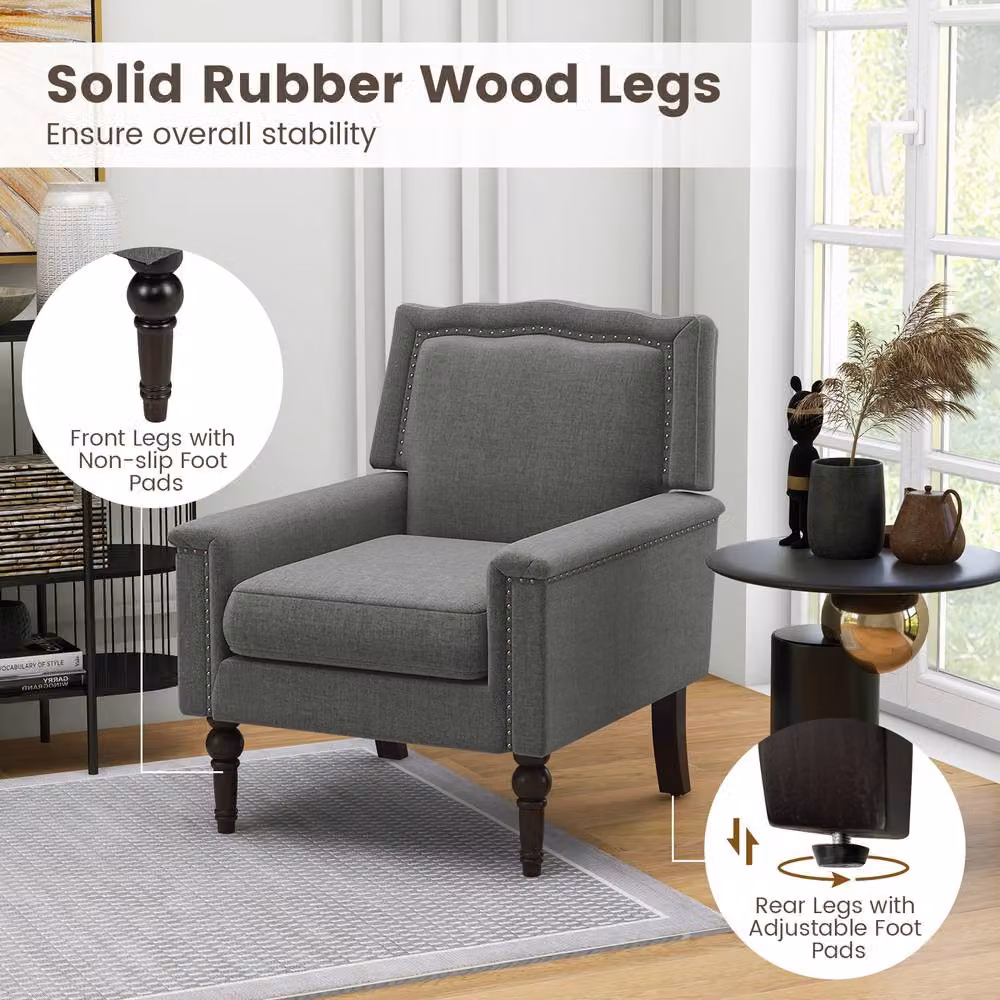 Gymax Set of 2 Grey Linen Upholstered Living Room Tub Chairs with Armrests – 5