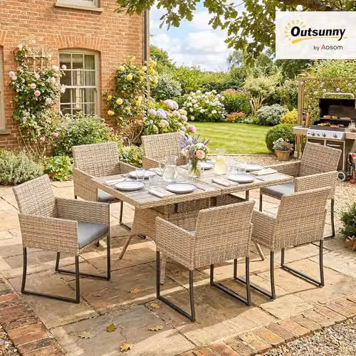 Outsunny 7 Piece Rattan Garden Furniture Set with Table and Chairs in Grey and Beige – 2