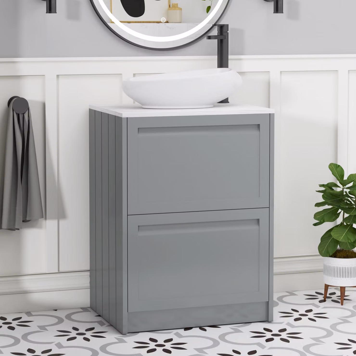 Royal Bathrooms Elmore 600mm Matt Pebble Grey Floor Standing 2 Drawer Countertop Vanity Unit with Nova Basin