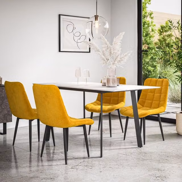 More4Homes Haydon Extending Dining Table with White Marble Effect Top and Black Legs and Set of 4 Nova Mustard Velvet Dining Chairs – 1