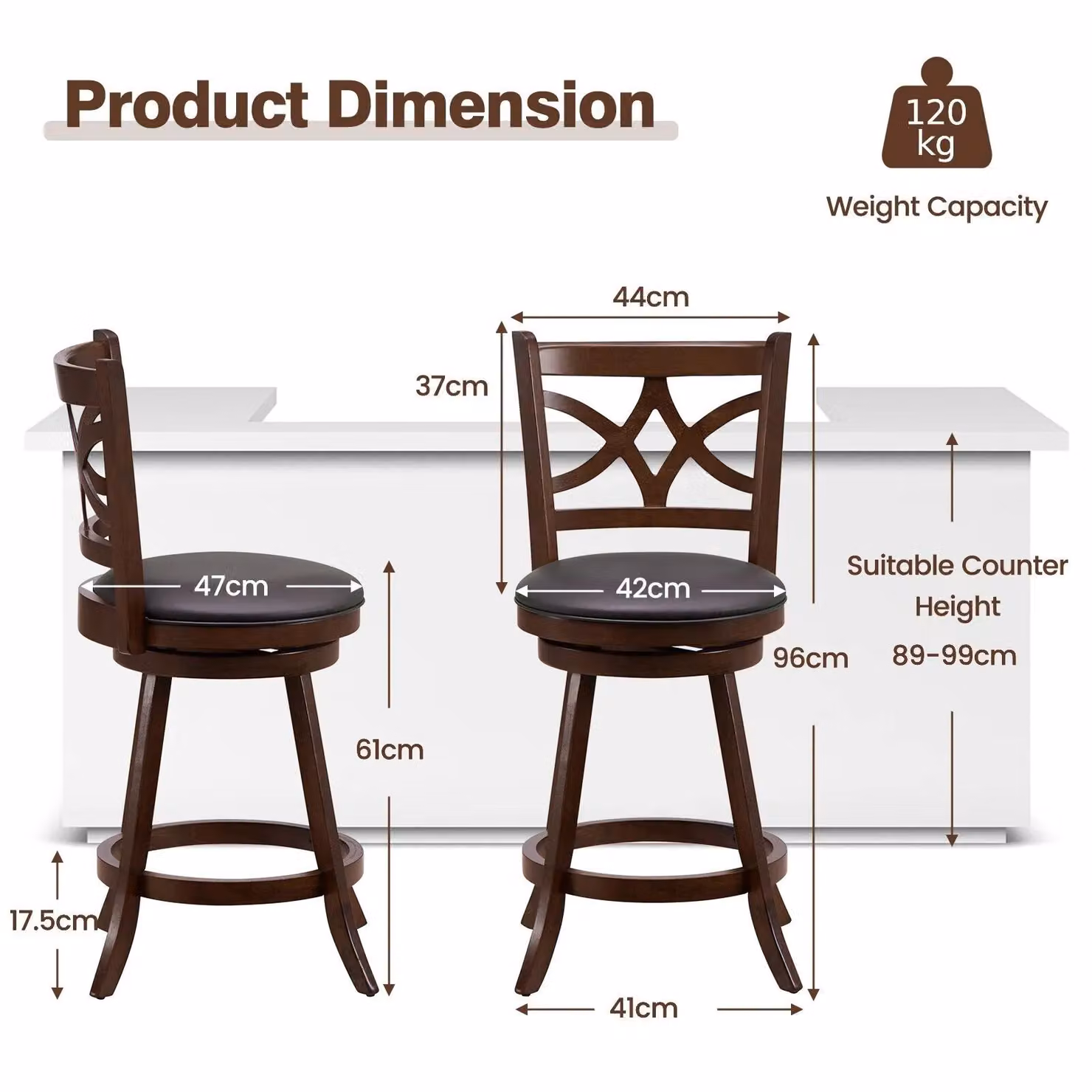 Costway Set of 2 Brown Swivelling Upholstered Bar Stools with Synthetic Leather Seats – 2