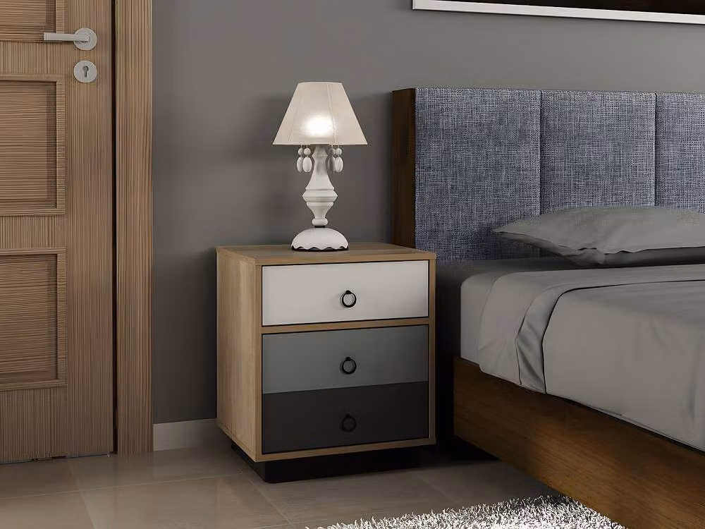 Vente-unique Bedside Table with 1 Drawer and 1 Door in Natural, White and Grey – 3
