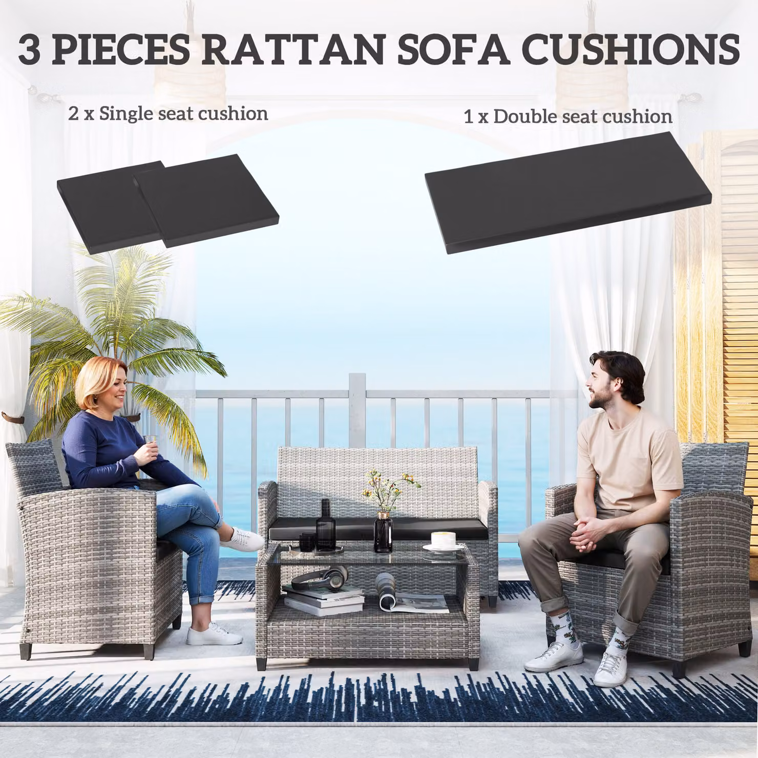 Outsunny Set of 3 Black Rectangular Outdoor Seat Cushion Pads for Rattan Furniture with Removable Washable Covers – 3
