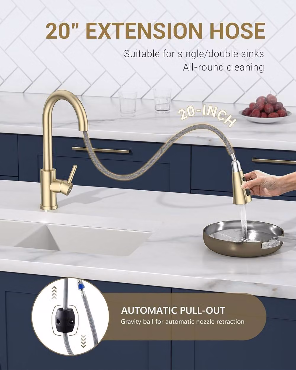 JANLEMNY Brushed Gold Kitchen Mixer Tap with Pull-Out Sprayer and Single Lever Control – 4