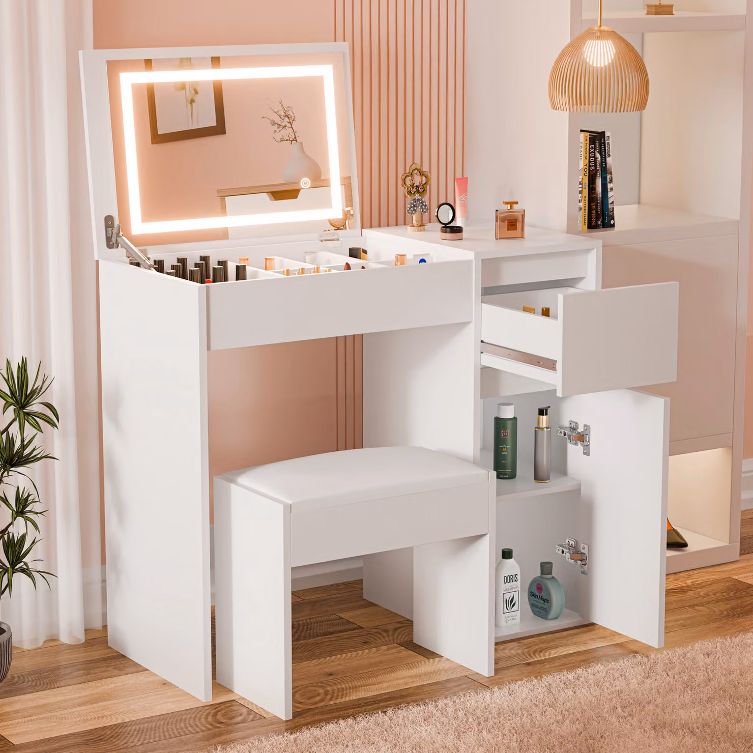 DHS White Modern Small Dressing Table with Hollywood LED Mirror and Stool