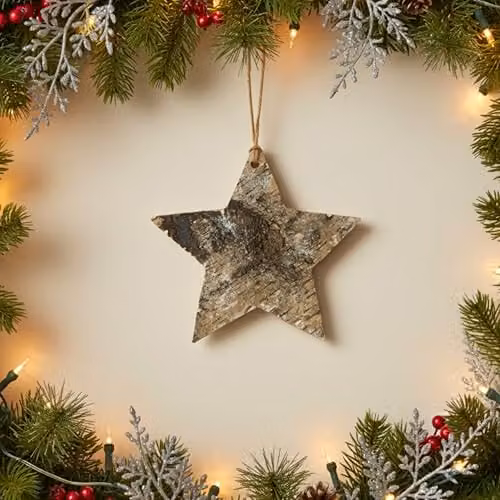 SHATCHI Star Shape Birch Bark Wooden Hanging Christmas Wreath in White and Brown, Diameter: 20 cm – 2