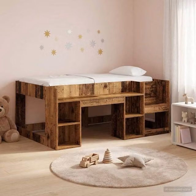 Berkfield Home Kids Bed Frame with Storage in Brown Old Wood, W/D/H: 80 x 160 cm