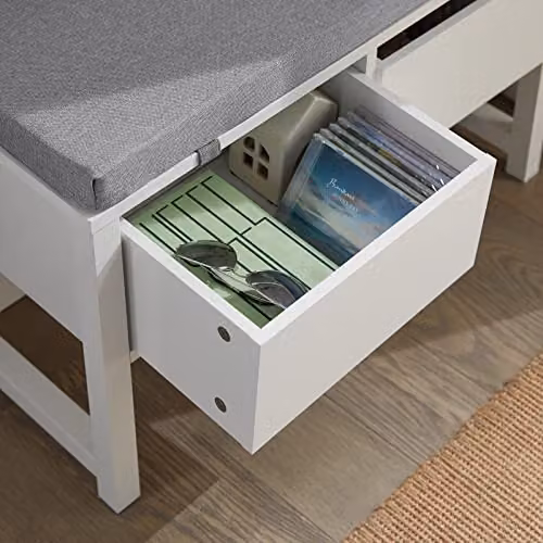 SoBuy FSR88-W Modern Shoe Bench with Seat Cushion and 2 Drawers, White and Grey – 3