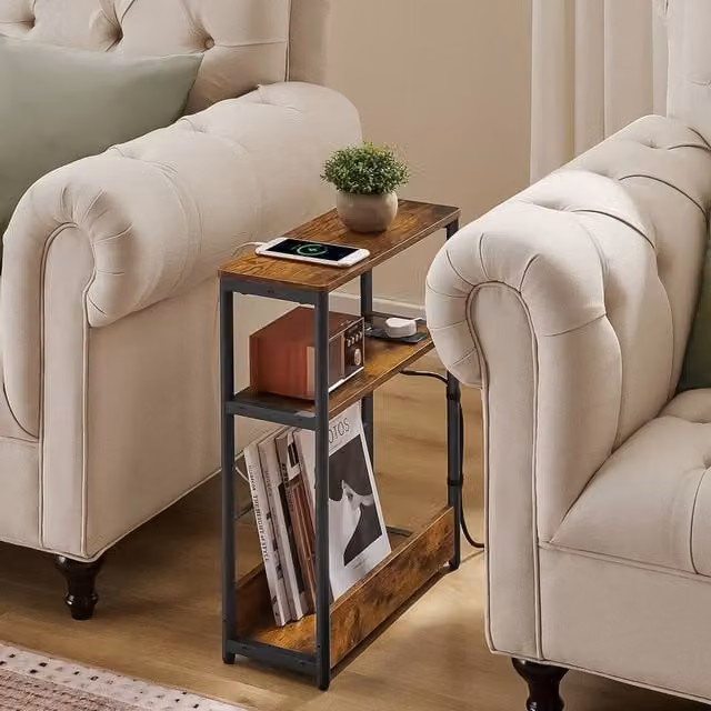 VASAGLE Slim Side Table with Charging Station in Bronze and Brown