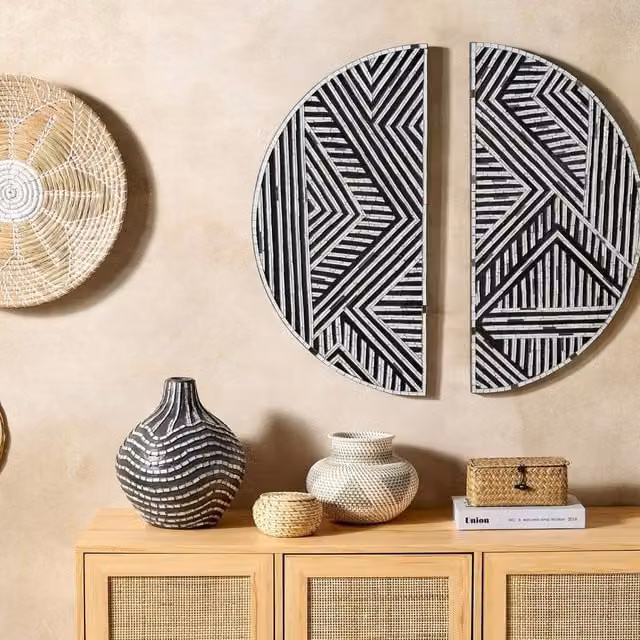 Wyld and Coco Black and White Geometric Glass and Wood Half Circle Wall Art