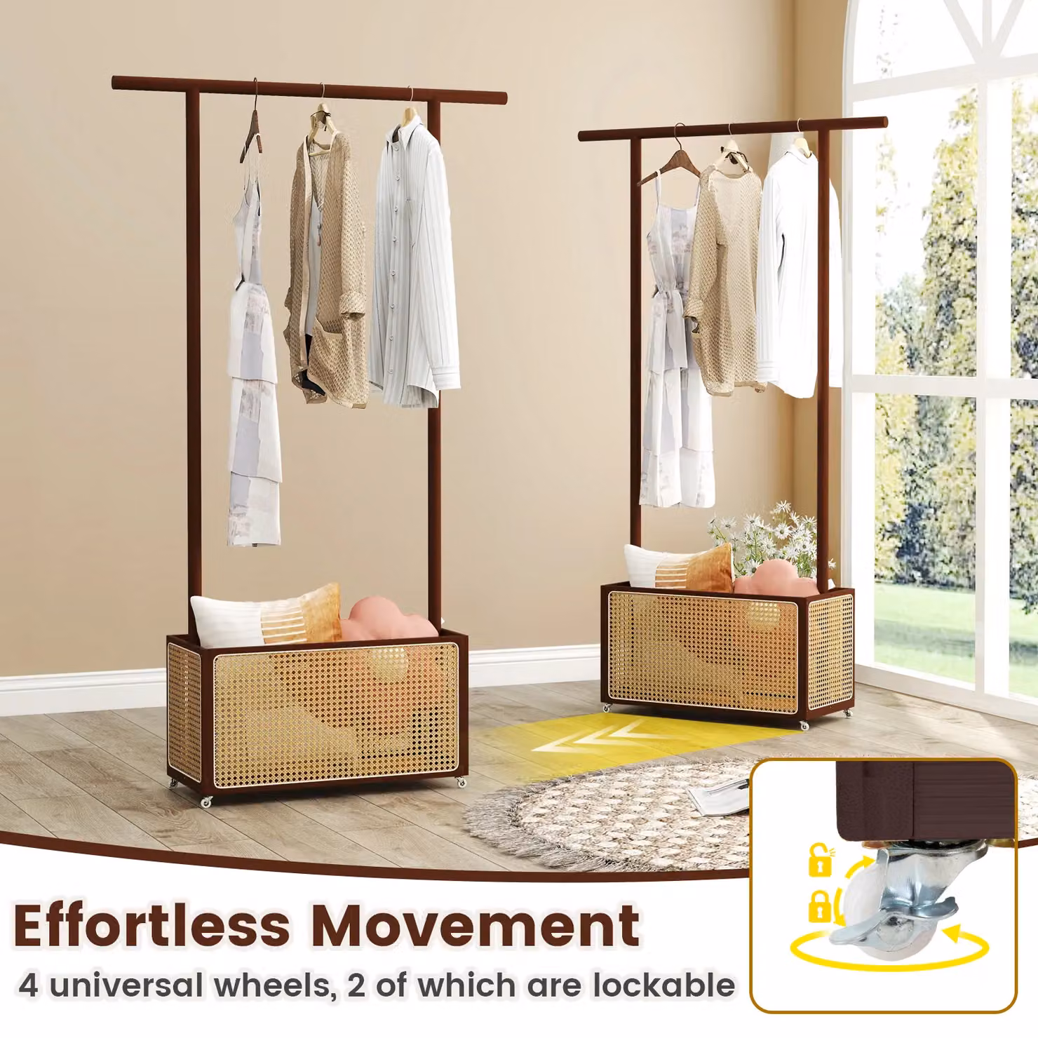 Costway Bamboo Clothes Rack and Coat Hanger Stand with Rattan Storage Basket in Brown – 4