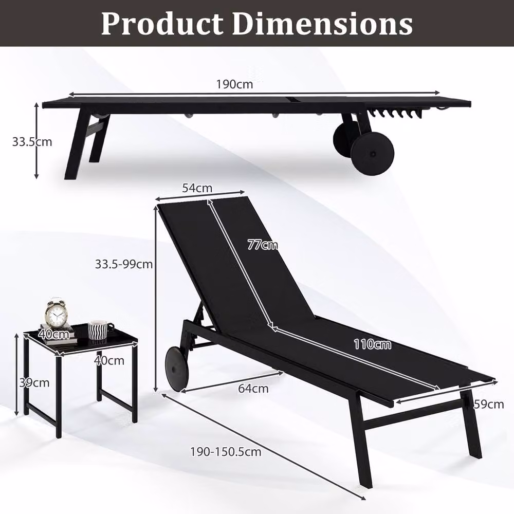 Costway Black Patio Chaise Lounge Set with Side Table and Reclining Textilene Chairs – 2