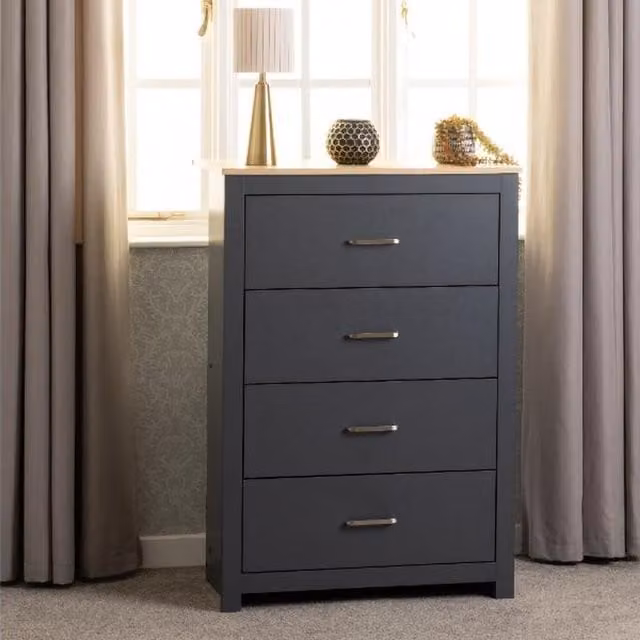 Seconique Portland 4 Drawer Chest in Grey Oak Wood