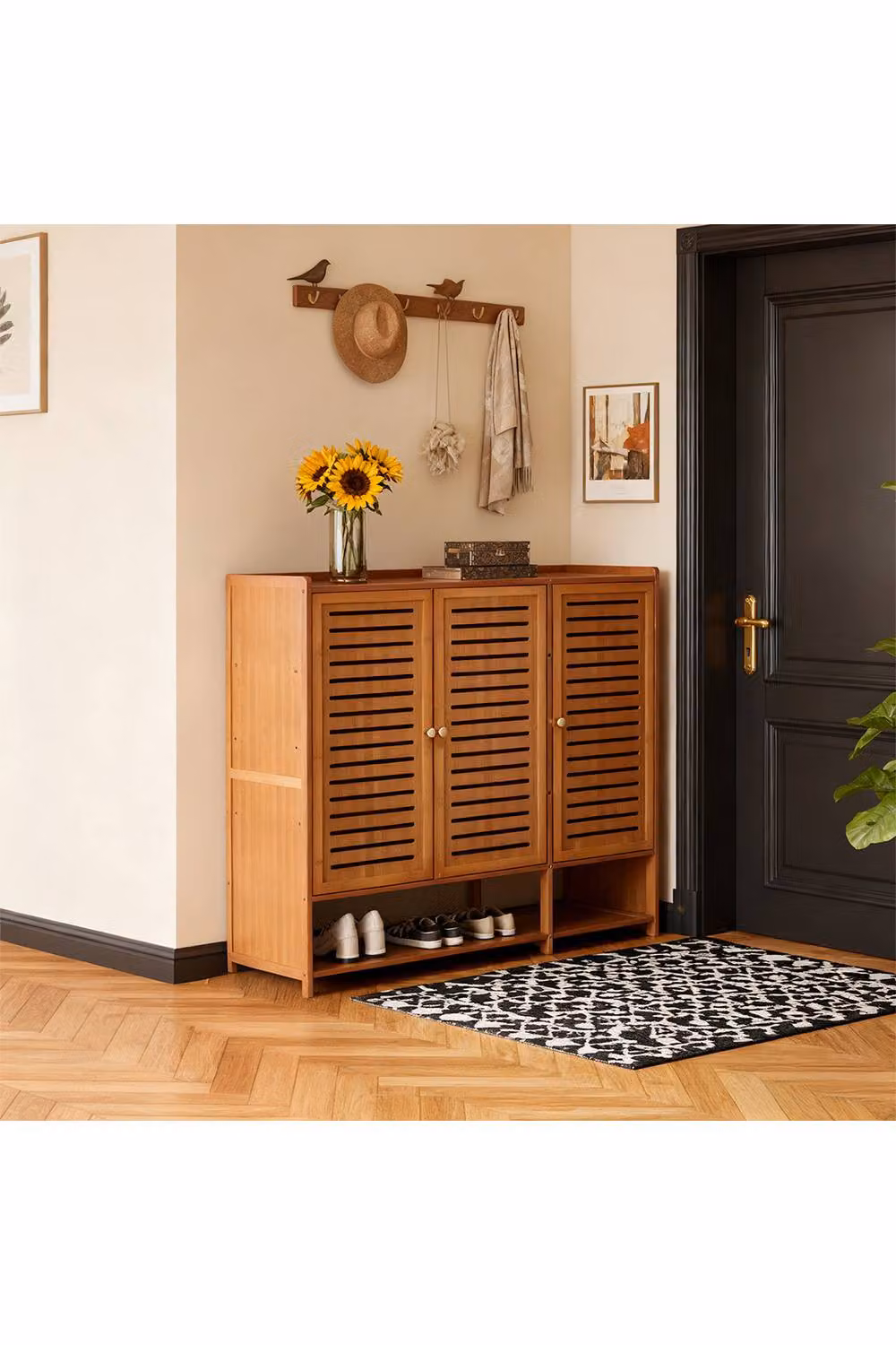 H&O Direct Modern Brown Bamboo Shoe Storage Cabinet with 3 Hinged Doors and Internal Shelves – 2