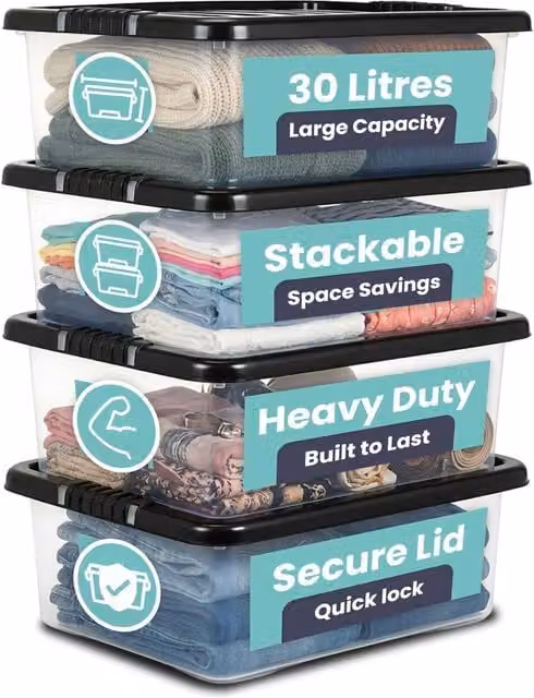 Tanness 30L Stackable Underbed Storage Boxes with Black Lids, Transparent Plastic