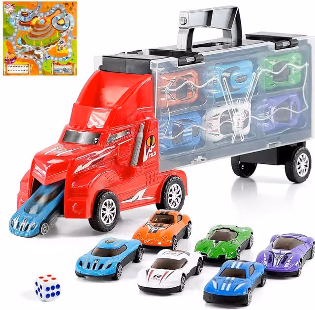 The Magic Toy Shop Red Car Transporter Truck Playset with 6 Mini Diecast Cars