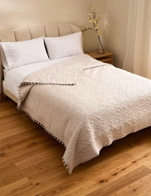 M&S Reversible Quilted Cotton Rich Embroidered Bedspread in Light Grey and Beige