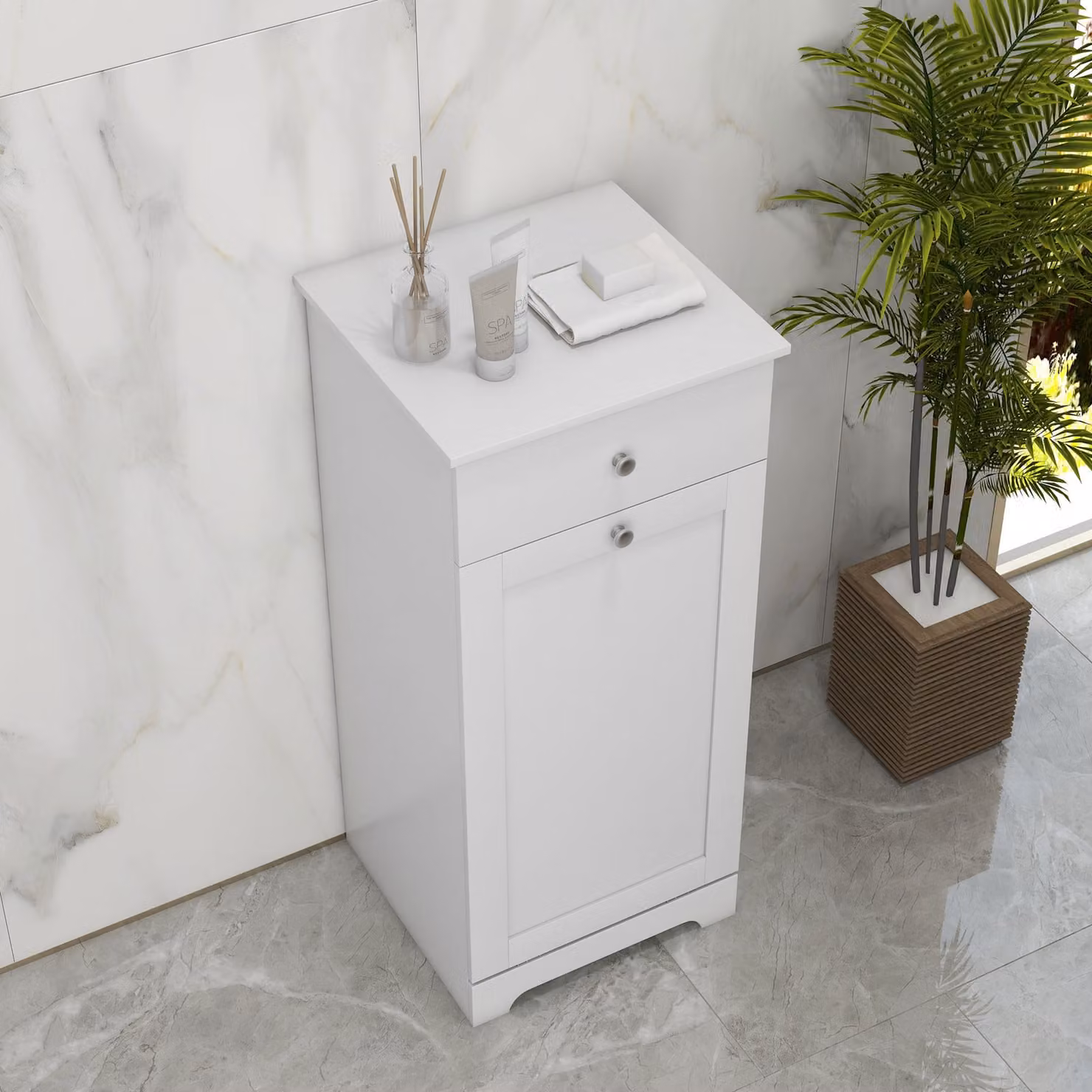 HOMCOM White Bathroom Storage Cabinet with Foldable Laundry Hamper and Drawer – 3