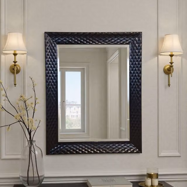 Yearn Diamond Bevelled Rectangular Wall Mirror with Black Geometric Frame