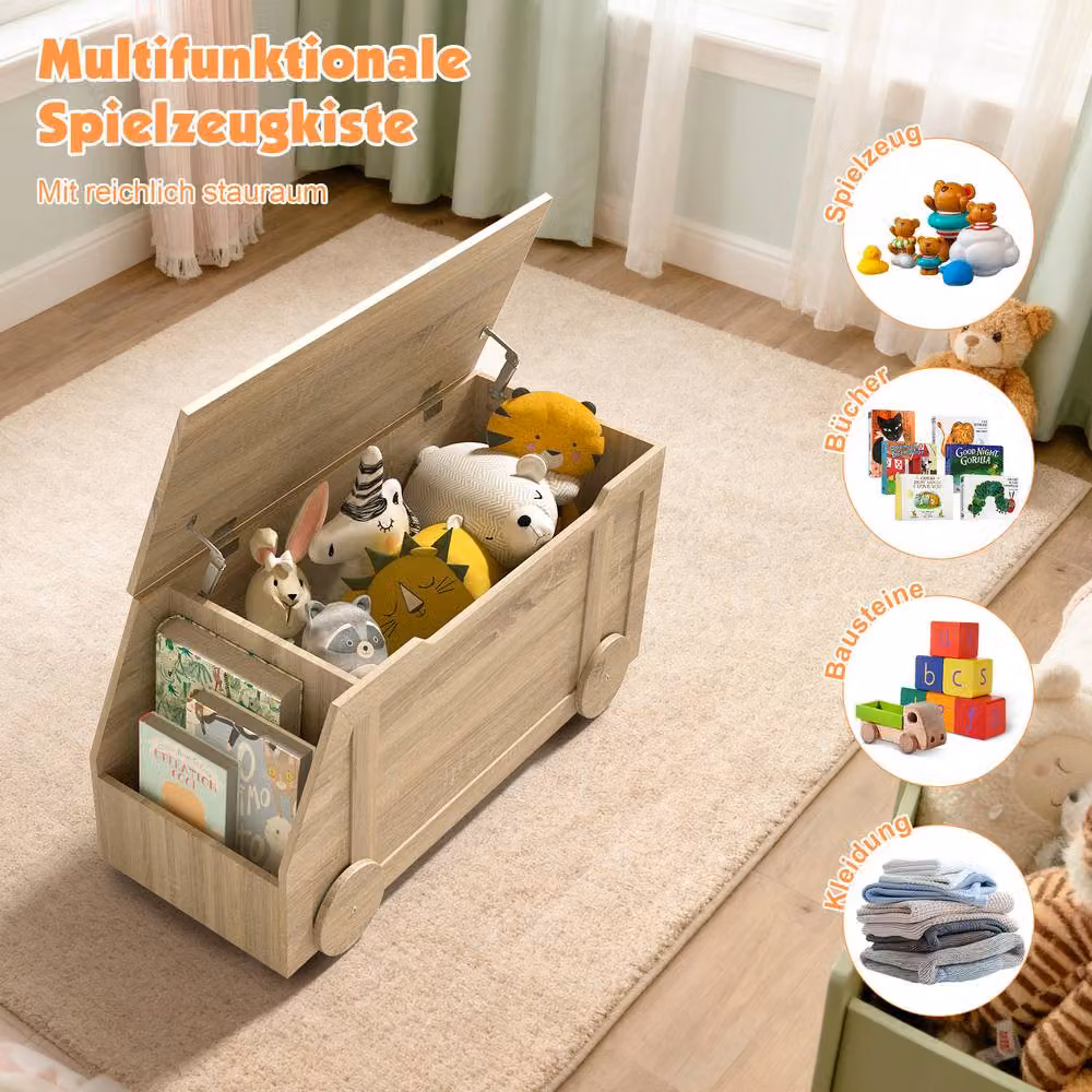 KEEPREAPER Wooden Toy Storage Box with Soft Close Lid and Castors in Brown – 2
