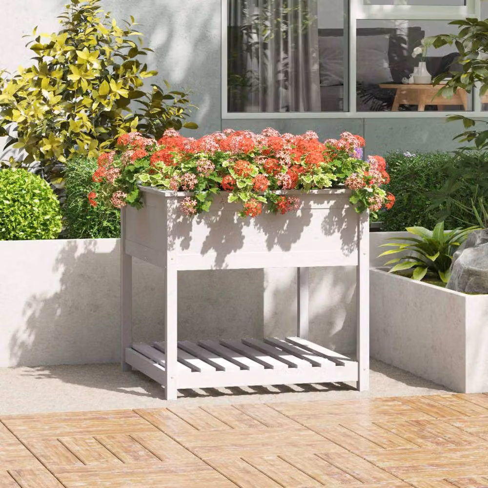 Berkfield White Solid Wood Pine Planter with Shelf W/D/H: 82.5 x 82.5 x 81 cm – 2