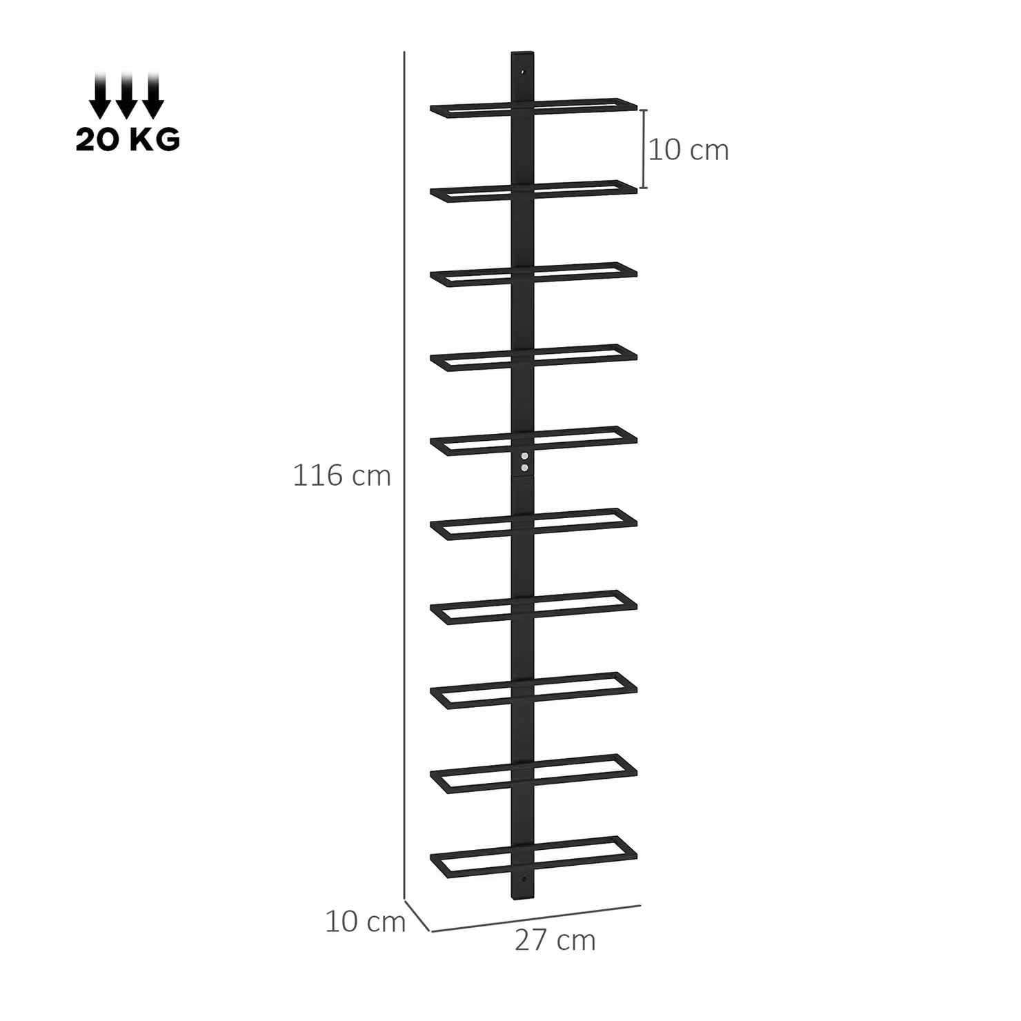 HOMCOM 10-Tier Wall Mounted Metal Wine Rack in Matt Black for 10 Bottles – 3