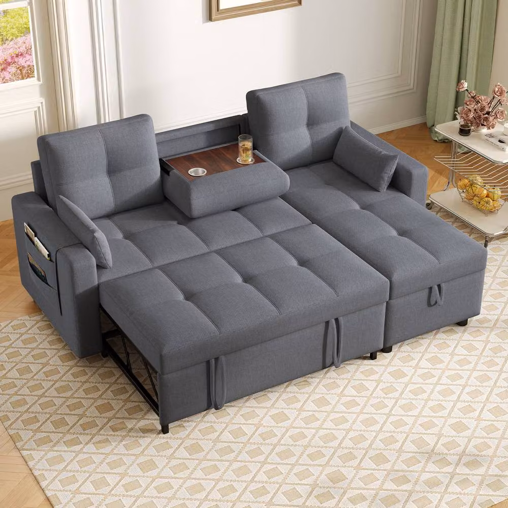 Merax Reversible L-Shaped Corner Sofa Bed with Drop-Down Cup Holder Table in Grey, W/D/H: 211 x 136 x 87 cm – 2