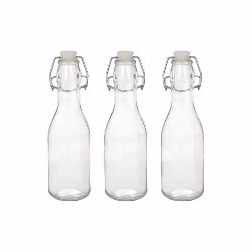 Argon Tableware Pack of 3 Reusable 250ml Glass Bottles with Swing Top Lids in Transparent – 1