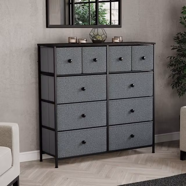 Vida Designs Modern 10 Drawer Fabric Chest of Drawers in Grey and Black