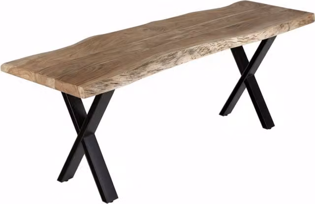 IH Design Live Edge Acacia Wood Dining Bench with Black Metal Legs, Tan and Brown