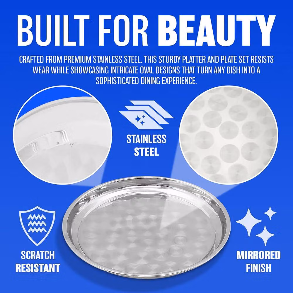 BARGAINS-GALORE Non-slip Round Stainless Steel Serving Tray in Silver, Diameter: 35 cm – 2