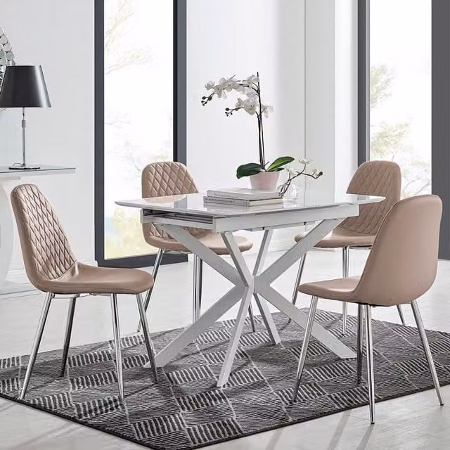 FurnitureboxUK LIRA 100 Extending Kitchen Dining Table and 4 Corona Silver Leg Chairs in Cappuccino