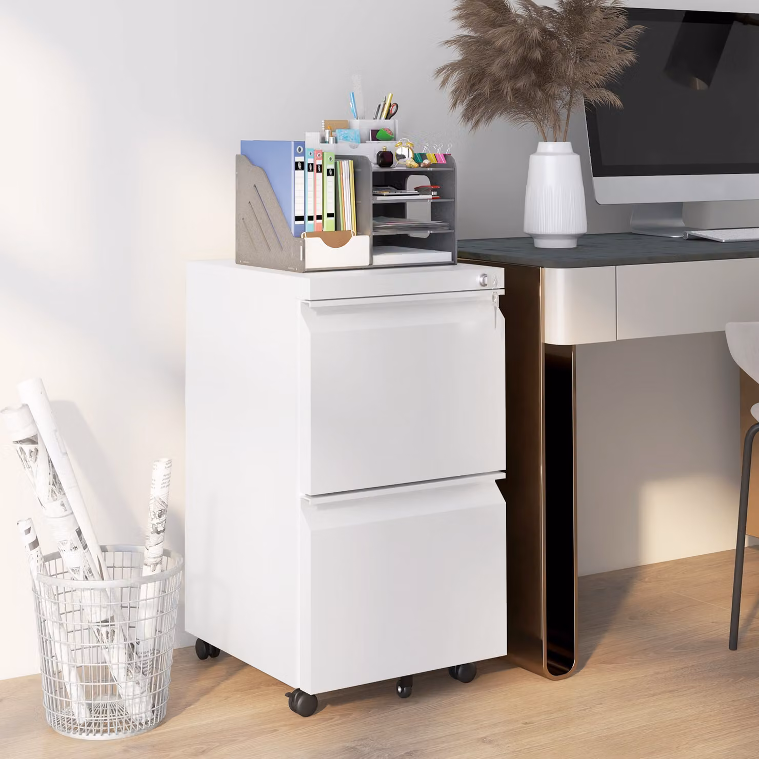 Vinsetto Mobile Steel 2-Drawer Lockable Filing Cabinet with Adjustable Hanging Bar in White – 2