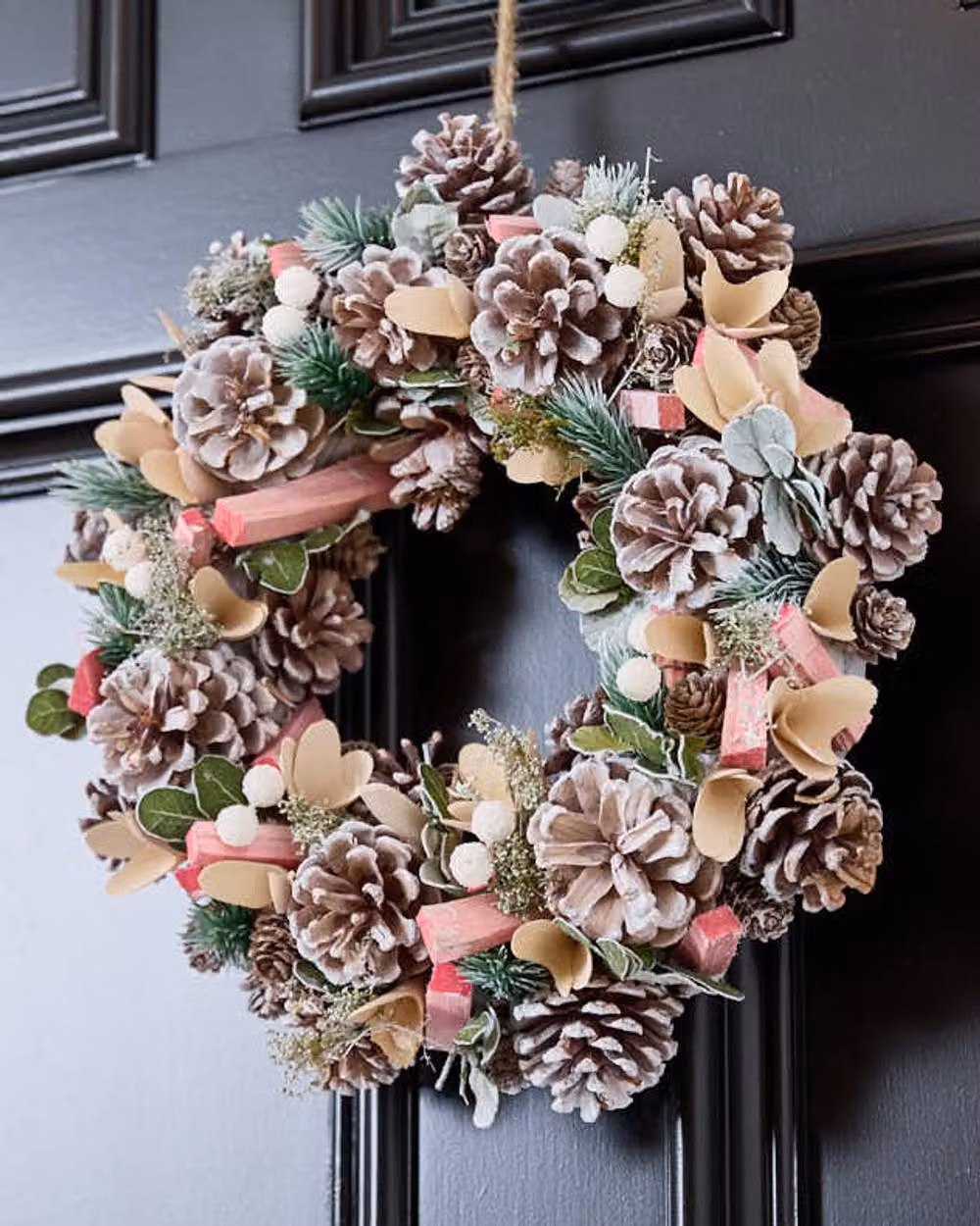 Dibor Pastel Pink and White Driftwood Autumn Winter Hanging Wreath, Diameter: 33 cm – 6
