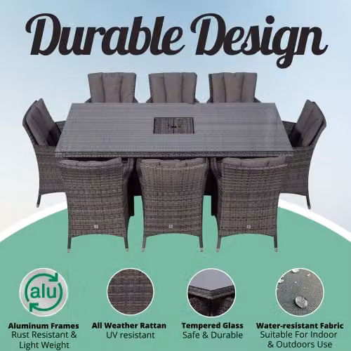 Thats Furniture Savannah 8 Seater Rattan Garden Dining Set with Ice Bucket in Grey and Brown, W/D: 200 x 100 cm – 3