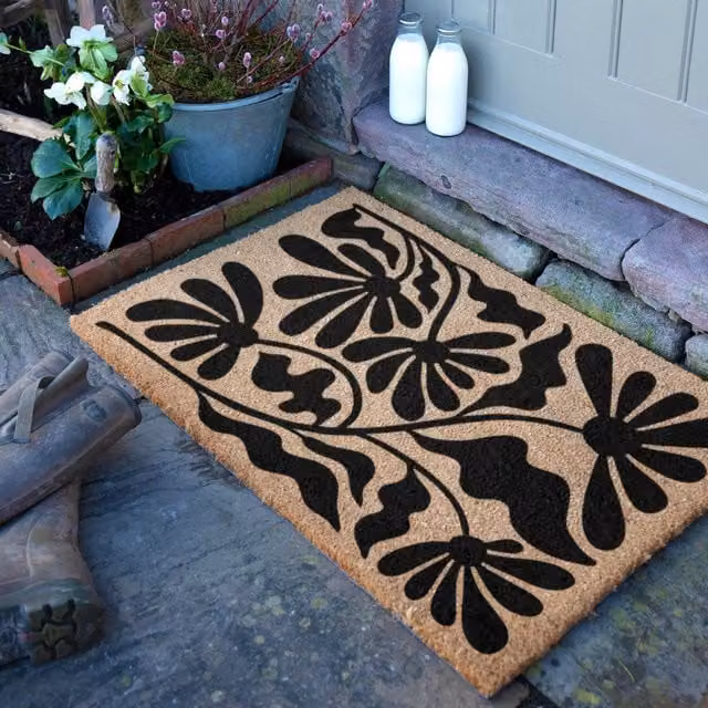 Artsy Mats Black and Brown Floral Pattern Coir Doormat, W: 90 cm, D: 60 cm – 1