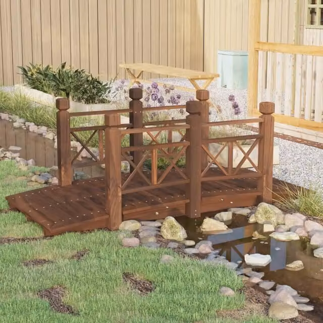 Berkfield Home Garden Bridge with Railings in Brown Solid Spruce Wood W/D/H: 150 x 67 x 56 cm