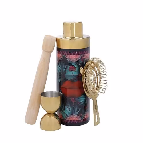 Mikasa Sarah Arnett 4 Piece Cocktail Shaker Set in Black, Gold and Multicolour, featuring a 600ml Stainless Steel Shaker