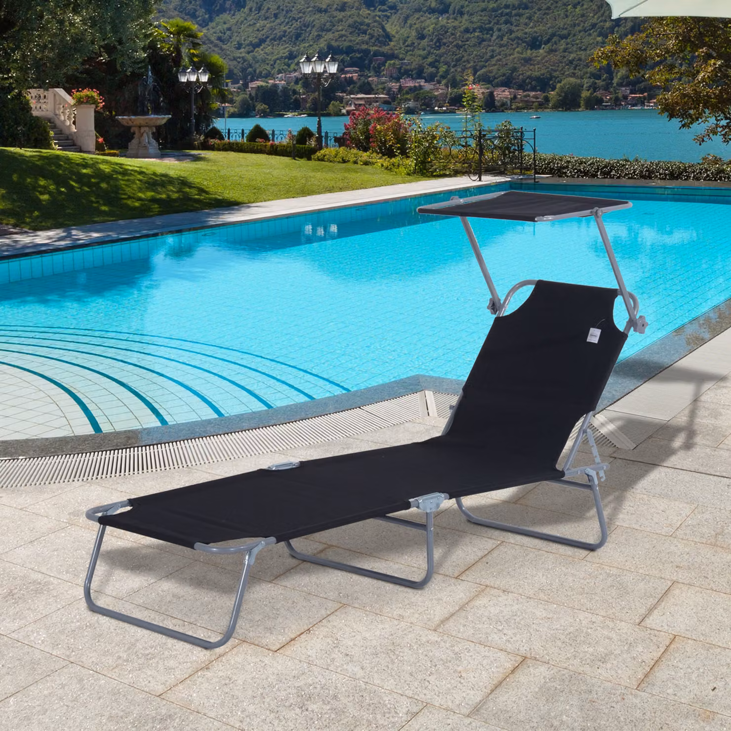 Outsunny Black Reclining Sun Lounger with Sun Canopy and Adjustable Headrest, W/D/H: 120 x 58 x 36 cm – 2