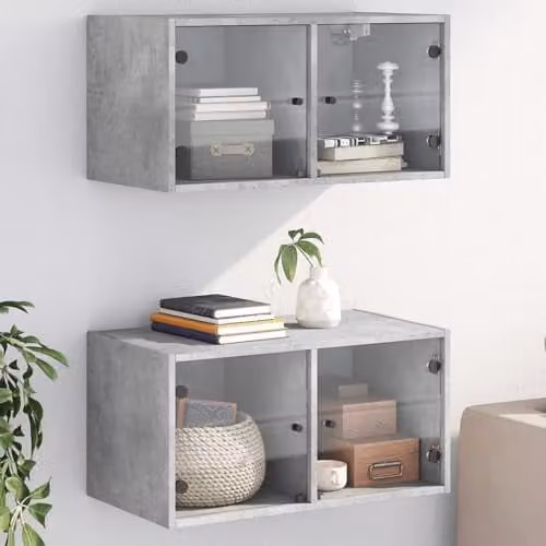 vidaXL Set of 2 Modern Wall Mounted Cabinets with Glass Doors in Grey, W/D/H: 68.5 x 37 x 35 cm – 2