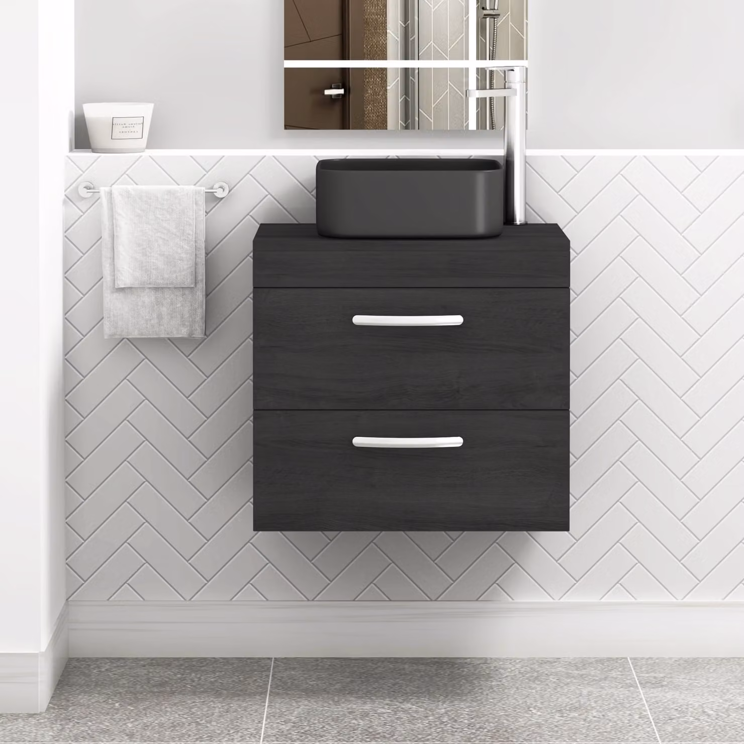 Royal Bathrooms Hale 600mm Wall Hung 2 Drawer Vanity Unit in Matt Black with Art Square Countertop Basin