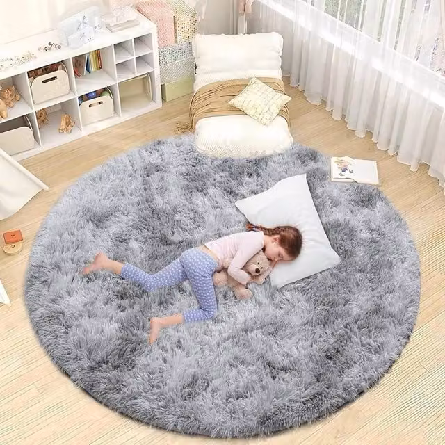 FORGEVIO Round Fluffy Faux Fur Rug in Grey, Diameter: 100 cm