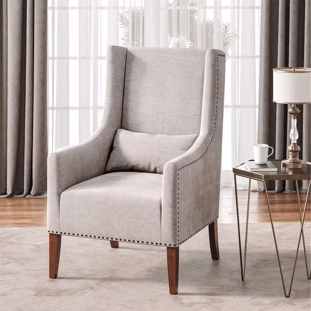 Livingandhome Grey Fabric High Back Armchair with Solid Wood Frame and Integrated Cushion