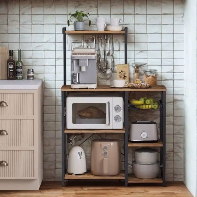 Pirlo Plush Industrial 4 Tier Kitchen Bakers Rack with Storage Shelves in Brown – 1
