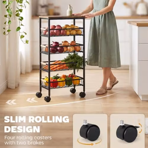 HOMCOM 4-Tier Metal and MDF Storage Trolley with Pull-Out Baskets in Rustic Brown, H 81.5 x W 40.0 x D 24.0 cm – 3
