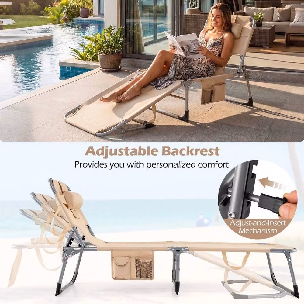 KORVIXA Tanning Chair in Beige with Adjustable Headrest and Multi-Position Backrest – 4