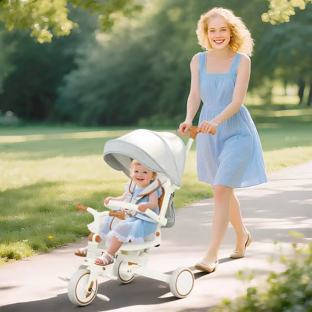 AIYAPLAY Foldable Toddler Tricycle with Adjustable Push Handle and Storage in Cream