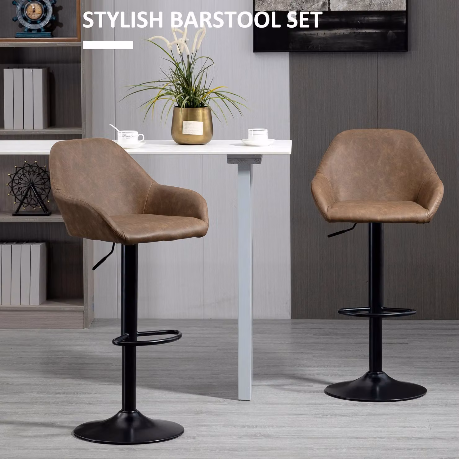 HOMCOM Set of 2 Modern Swivel Bar Stools with Footrest in Dark Brown PU Leather – 4