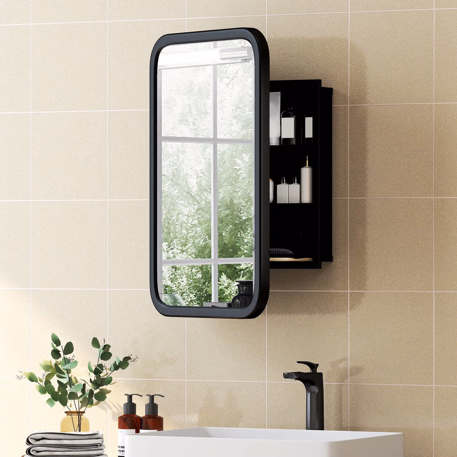 HOMCOM Modern Black Wall-Mounted Bathroom Mirror Cabinet with 3 Internal Shelves and Glass Doors – 2